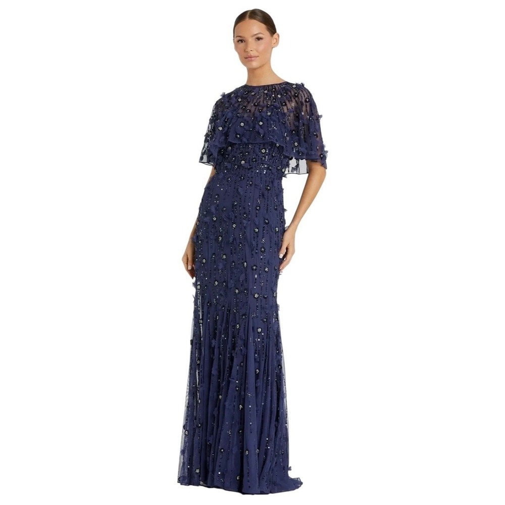 Mac Duggal Dress 93653 Embellished Illusion Cape Sleeve Trumpet Gown Size 14